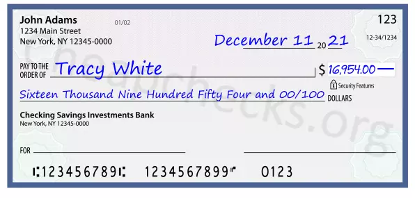 Sixteen Thousand Nine Hundred Fifty Four and 00/100 filled out on a check