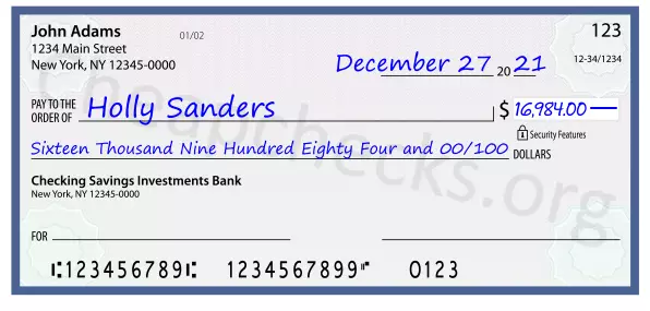 Sixteen Thousand Nine Hundred Eighty Four and 00/100 filled out on a check