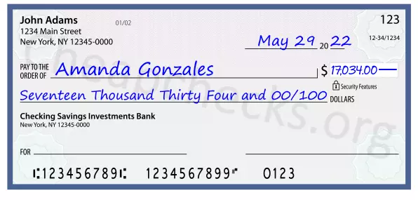 Seventeen Thousand Thirty Four and 00/100 filled out on a check