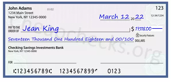 Seventeen Thousand One Hundred Eighteen and 00/100 filled out on a check