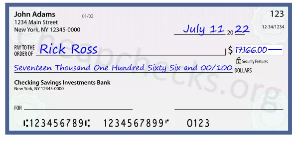 Seventeen Thousand One Hundred Sixty Six and 00/100 filled out on a check