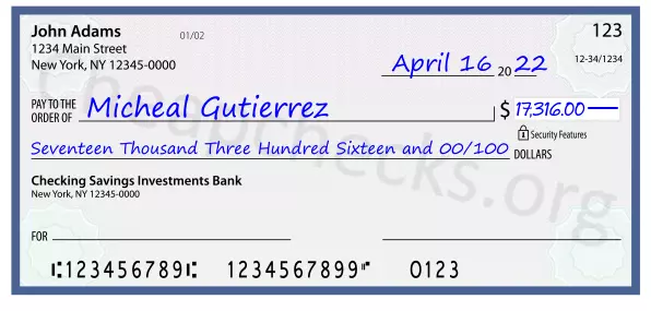 Seventeen Thousand Three Hundred Sixteen and 00/100 filled out on a check