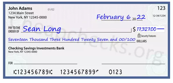 Seventeen Thousand Three Hundred Twenty Seven and 00/100 filled out on a check