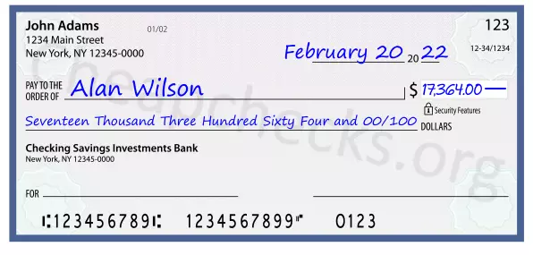 Seventeen Thousand Three Hundred Sixty Four and 00/100 filled out on a check