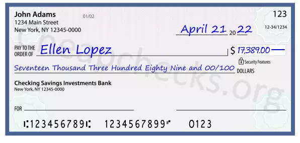 Seventeen Thousand Three Hundred Eighty Nine and 00/100 filled out on a check