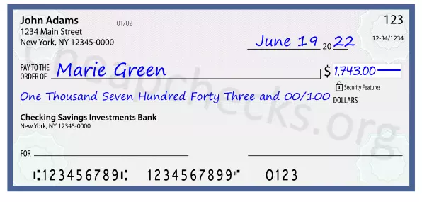 One Thousand Seven Hundred Forty Three and 00/100 filled out on a check