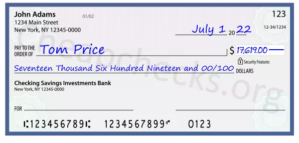 Seventeen Thousand Six Hundred Nineteen and 00/100 filled out on a check