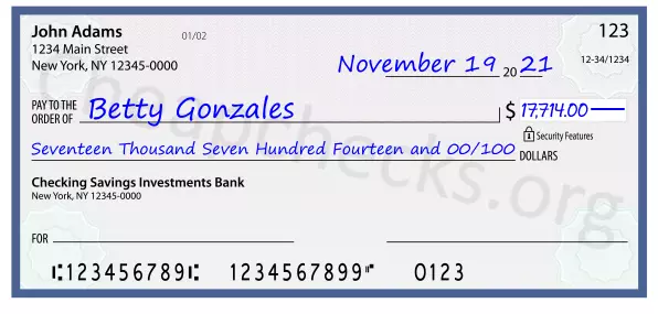 Seventeen Thousand Seven Hundred Fourteen and 00/100 filled out on a check