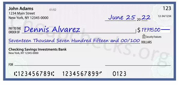 Seventeen Thousand Seven Hundred Fifteen and 00/100 filled out on a check