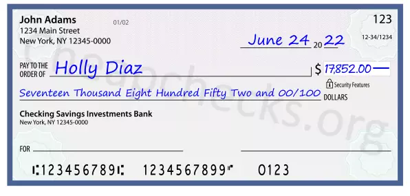 Seventeen Thousand Eight Hundred Fifty Two and 00/100 filled out on a check