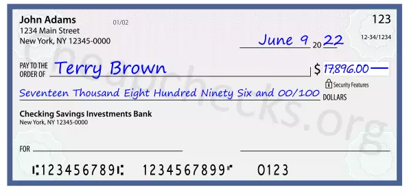 Seventeen Thousand Eight Hundred Ninety Six and 00/100 filled out on a check