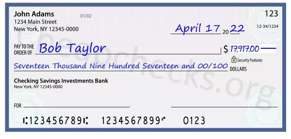 Seventeen Thousand Nine Hundred Seventeen and 00/100 filled out on a check