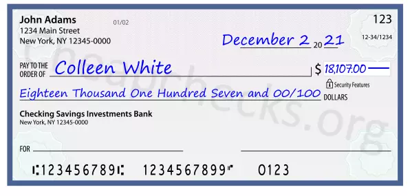 Eighteen Thousand One Hundred Seven and 00/100 filled out on a check