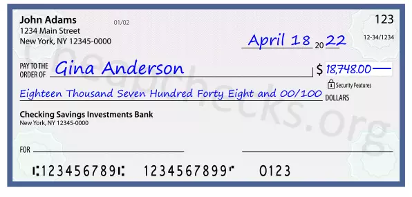 Eighteen Thousand Seven Hundred Forty Eight and 00/100 filled out on a check