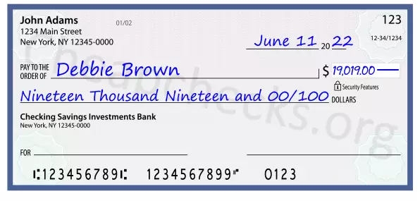 Nineteen Thousand Nineteen and 00/100 filled out on a check