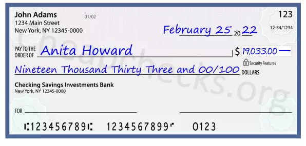 Nineteen Thousand Thirty Three and 00/100 filled out on a check