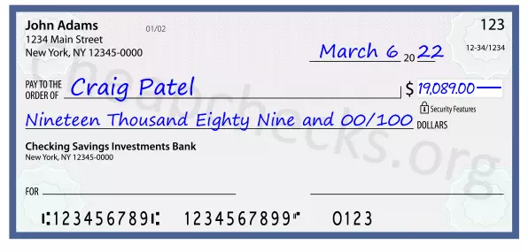 Nineteen Thousand Eighty Nine and 00/100 filled out on a check