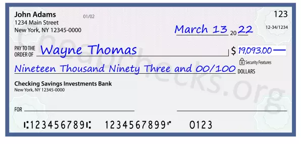 Nineteen Thousand Ninety Three and 00/100 filled out on a check