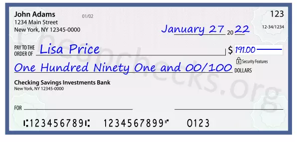 One Hundred Ninety One and 00/100 filled out on a check