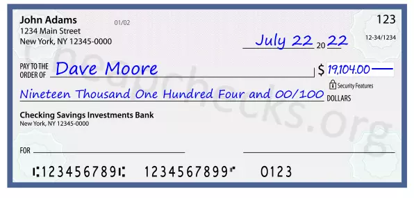 Nineteen Thousand One Hundred Four and 00/100 filled out on a check