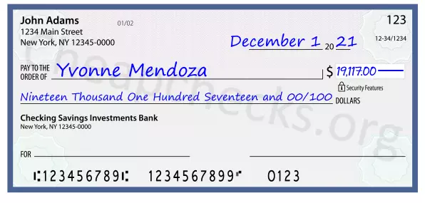 Nineteen Thousand One Hundred Seventeen and 00/100 filled out on a check