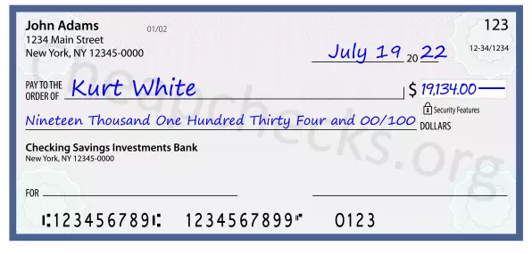 Nineteen Thousand One Hundred Thirty Four and 00/100 filled out on a check