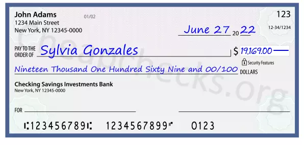 Nineteen Thousand One Hundred Sixty Nine and 00/100 filled out on a check