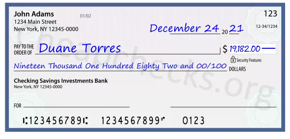 Nineteen Thousand One Hundred Eighty Two and 00/100 filled out on a check