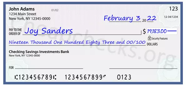 Nineteen Thousand One Hundred Eighty Three and 00/100 filled out on a check