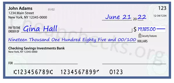 Nineteen Thousand One Hundred Eighty Five and 00/100 filled out on a check