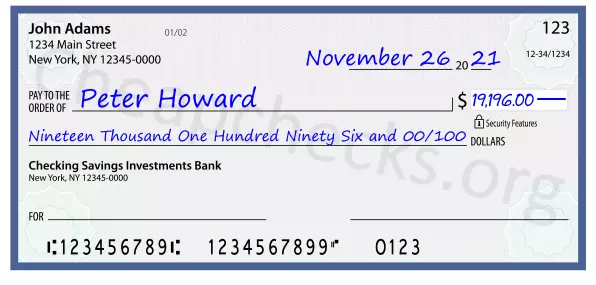 Nineteen Thousand One Hundred Ninety Six and 00/100 filled out on a check