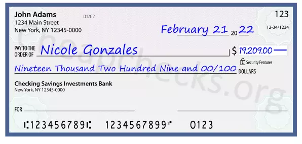 Nineteen Thousand Two Hundred Nine and 00/100 filled out on a check