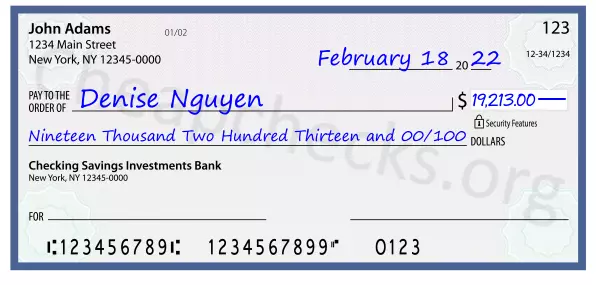 Nineteen Thousand Two Hundred Thirteen and 00/100 filled out on a check