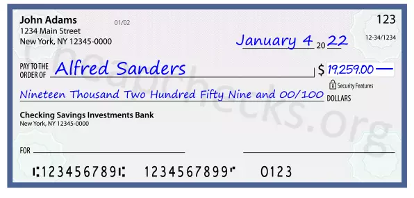 Nineteen Thousand Two Hundred Fifty Nine and 00/100 filled out on a check