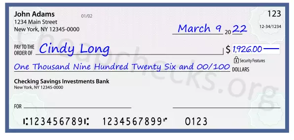 One Thousand Nine Hundred Twenty Six and 00/100 filled out on a check