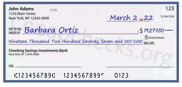 Nineteen Thousand Two Hundred Seventy Seven and 00/100 filled out on a check