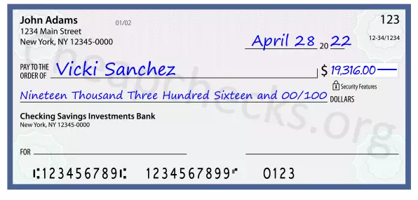 Nineteen Thousand Three Hundred Sixteen and 00/100 filled out on a check