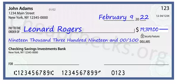 Nineteen Thousand Three Hundred Nineteen and 00/100 filled out on a check