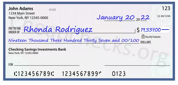 Nineteen Thousand Three Hundred Thirty Seven and 00/100 filled out on a check