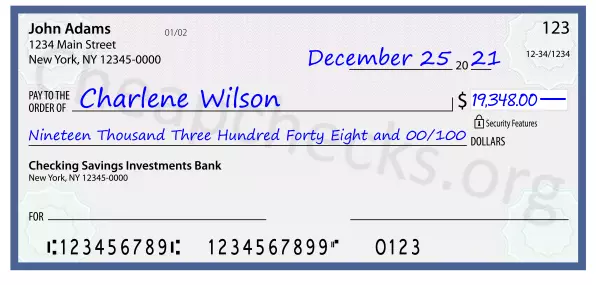 Nineteen Thousand Three Hundred Forty Eight and 00/100 filled out on a check