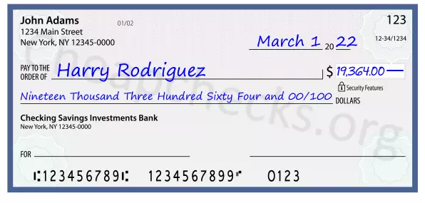 Nineteen Thousand Three Hundred Sixty Four and 00/100 filled out on a check