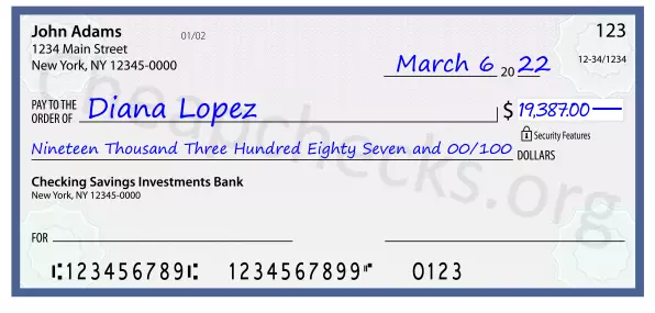 Nineteen Thousand Three Hundred Eighty Seven and 00/100 filled out on a check