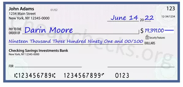 Nineteen Thousand Three Hundred Ninety One and 00/100 filled out on a check