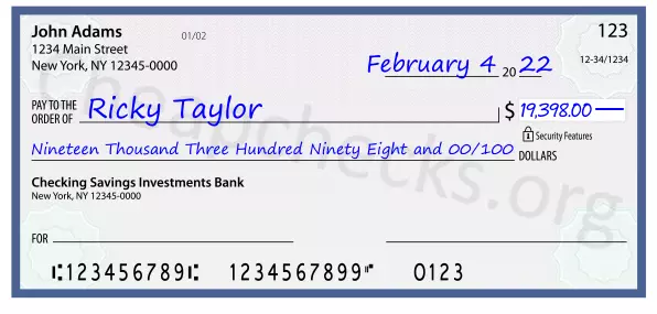 Nineteen Thousand Three Hundred Ninety Eight and 00/100 filled out on a check