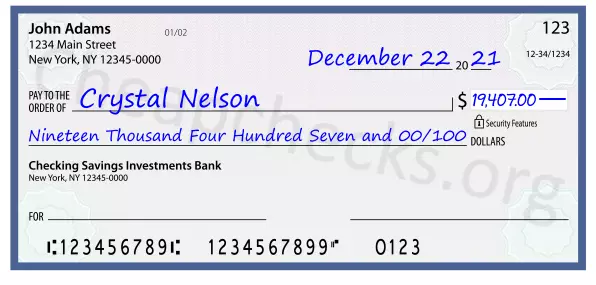 Nineteen Thousand Four Hundred Seven and 00/100 filled out on a check