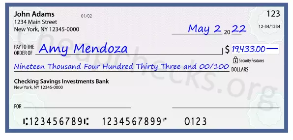 Nineteen Thousand Four Hundred Thirty Three and 00/100 filled out on a check