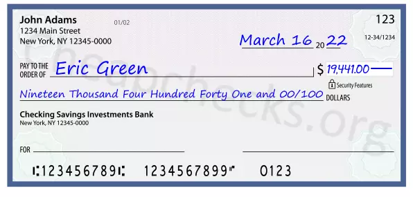 Nineteen Thousand Four Hundred Forty One and 00/100 filled out on a check