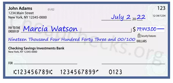 Nineteen Thousand Four Hundred Forty Three and 00/100 filled out on a check