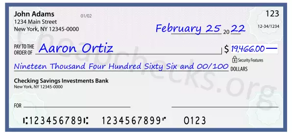 Nineteen Thousand Four Hundred Sixty Six and 00/100 filled out on a check