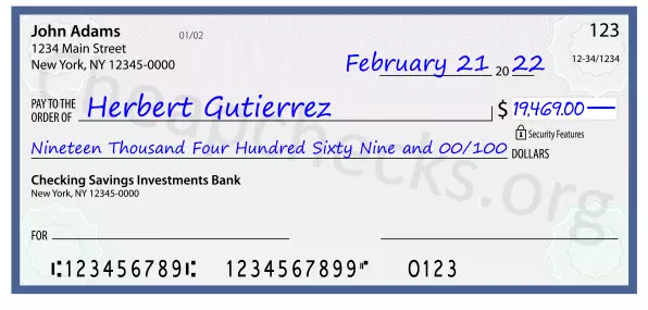 Nineteen Thousand Four Hundred Sixty Nine and 00/100 filled out on a check